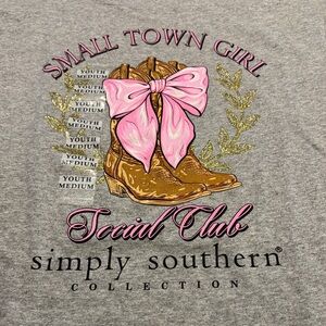 Simply Southern small town girl youth medium Gray Tee with Pink Bow and Boots